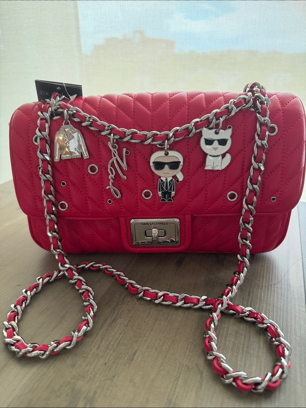 Karl Lagerfeld Red Quilted Chain Shoulder Bag with Charms in French Rose